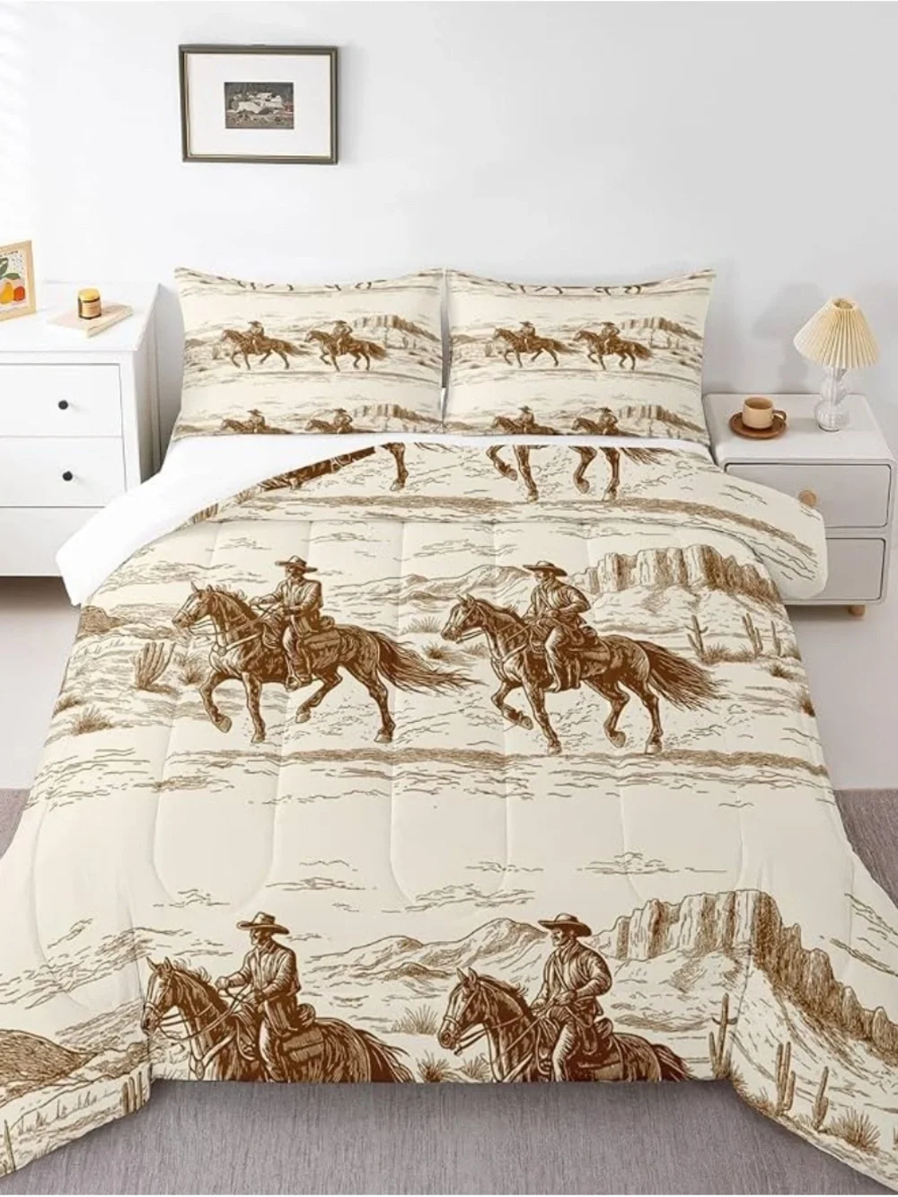 Western Cowboy Print Comforter Set in Cream and Brown FULL